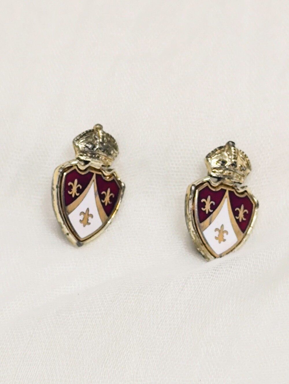 Vintage Coro Gold-Tone Burgundy & White Crest Clip-on Earrings - Women's Jewelry